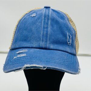 CC Exclusives Adjustable Trucker Baseball Hat Blue Tan Ponytail Criss Cross Back